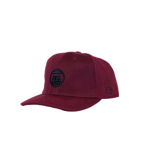 Maroon cap with black logo on a light gray background